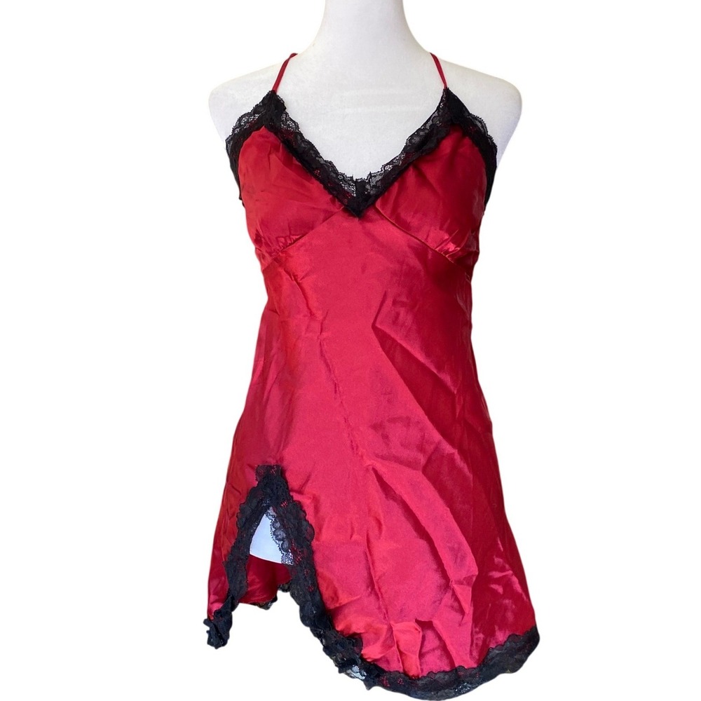 Satin Lace Trim Red Chemise Slip Mini Dress Lingerie Nightgown Large Silky Femme
